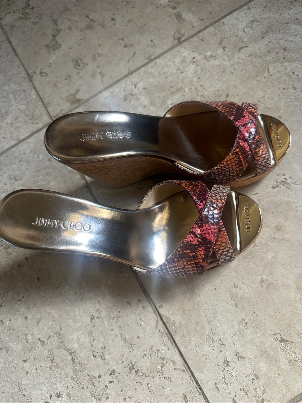 Jimmy Choo NWT sz7.5 Snake Print Cork Wedge Sandals